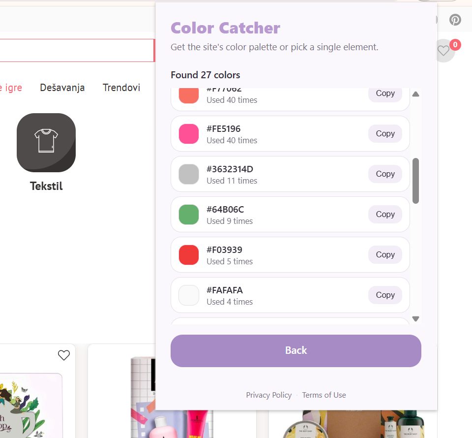Color Catcher popup open over a shopping site, listing the 27 colors it found with their hex codes and usage counts